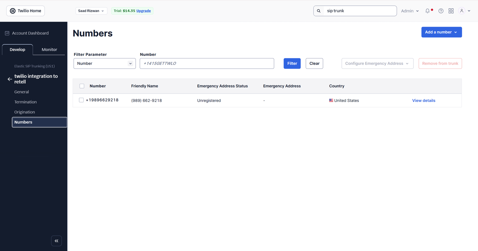 Twilio phone number configuration